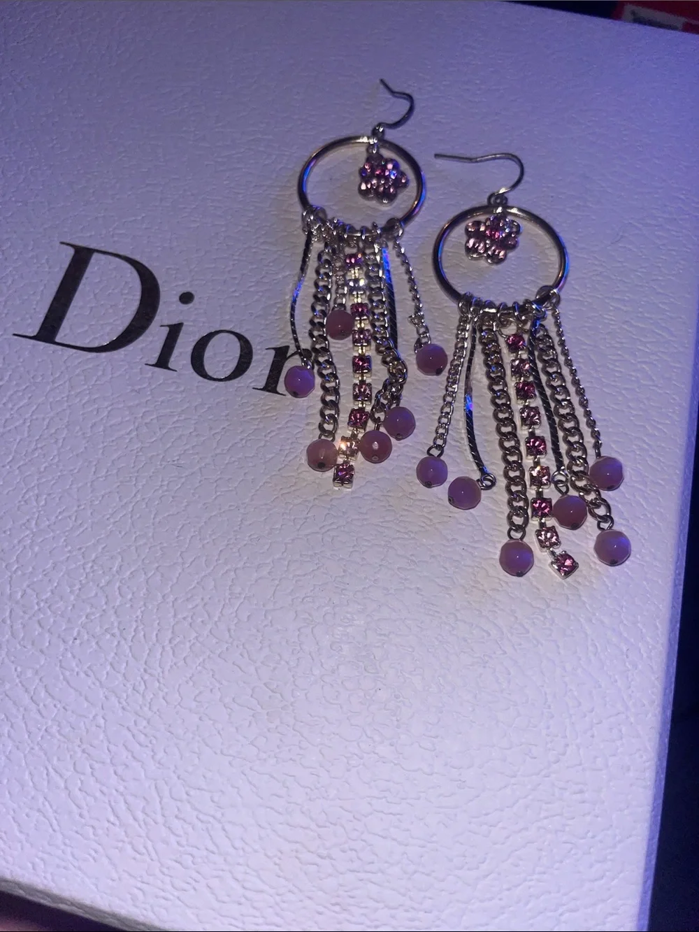 New Hoop with Pink Crystal Flower and Dangle Fringe Earrings
